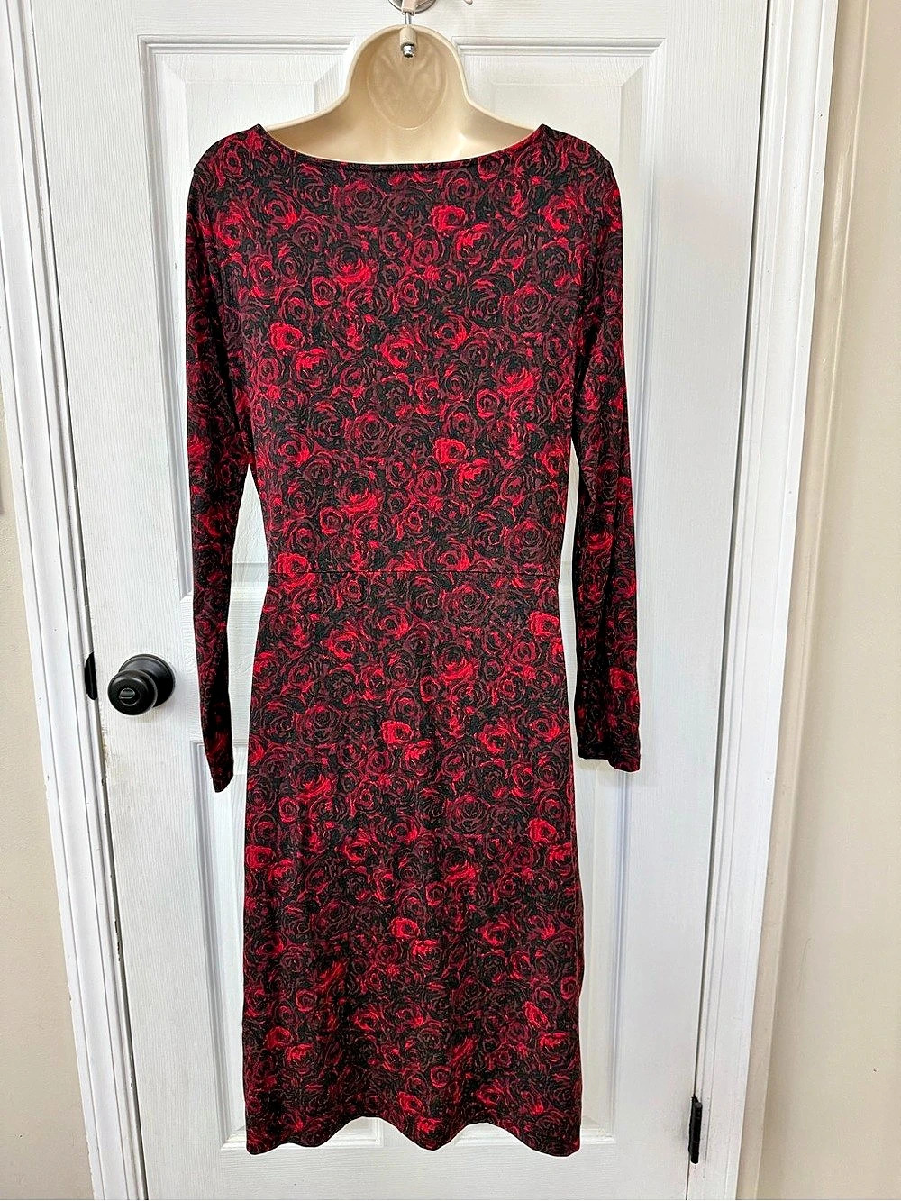 Talbots Red and Black Rose Floral Faux Wrap Midi Dress Medium - Picture 3 of 14